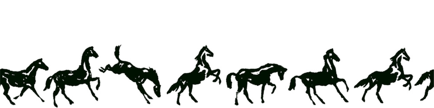 Fototapeta Equestrian seamless border with horse silhouette in various poses and motion. Vector pattern background or frame with hand drawing galloping black horses on white.