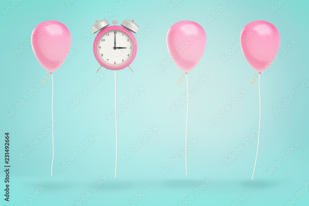 Poster 3d rendering a row of pink balloons floating with ribbons below and one retro alarm clock on the sam