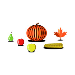 Thanksgiving Day vegetables fruits products set icon pumpkin, apple, pear, corn, maple leaf illustration