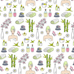 Spa treatment, massage and therapy vector seamless background pattern.