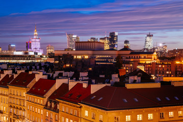 The Krakowskie Przedmiescie street in the Old Town of Warsaw. it is one of the central historic streets of Warsaw seen from above at night.