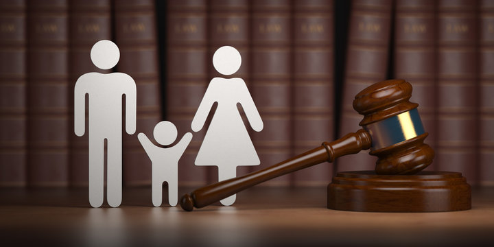Familty law. Gavel and shapes of men, women and child with books.