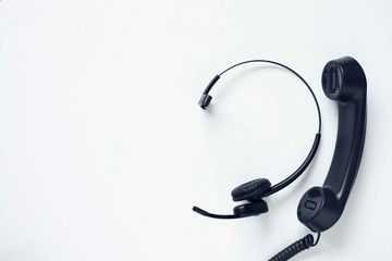 Deskphone, office and business concept. New ip phone with buttons and big display for communication without interference. Top view. Space for a text. Close up.