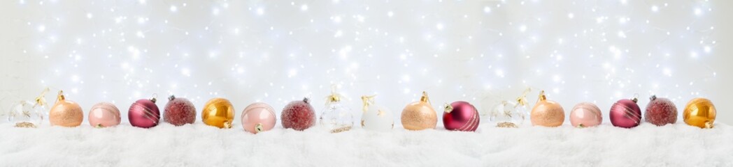 White christmas with snow - pink and golden decorations in snow extra wide border