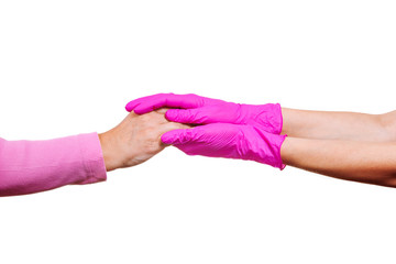 woman keep carry closeup retiree gloves doctor hospice pink nurse hands old person white background medical