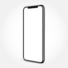 black frameless smartphone turned sideways with a blank screen on a gray background in high detail - obrazy, fototapety, plakaty