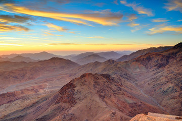 Fototapeta na wymiar Aerial view of Sinai mountains in Egypt from Mount Moses at sunr