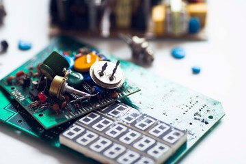 Microprocessor concept. Set of drivers, diodes, capacitors, inductance and other micro electronics...