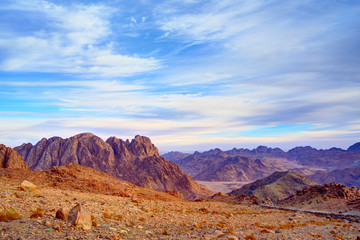 Naklejka na ściany i meble Aerial view of Sinai mountains in Egypt from Mount Moses