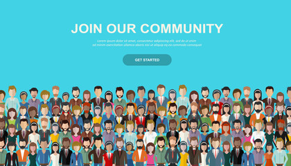 Join our community. Crowd of united people as a business or creative community standing together. Flat concept vector website template and landing page design for invitation to summit or conference - obrazy, fototapety, plakaty