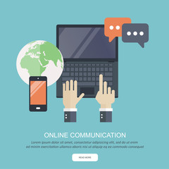 Communication, distance education and social media. Flat vector illustration