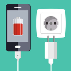 Smartphone and charger adapter. Low battery, addiction. Phone is charging from wall outlet. Flat vector illustration