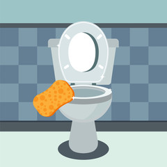 Bathroom interior with toilet bowl and sponge. Toilet cleaning vector. Flat vector illustration.