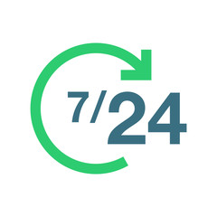 24/7 online service  flat icon on isolated white transparent background.	