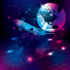 Global communication concept. Abstract technology background.Passenger plane and the earth.
