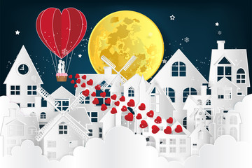  The lover in hot air balloons on night village in the clound and dark blue background as love , wedding, valentine, design paper art , cut and craft style concept. vector illustration