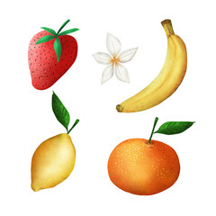 set of berries and fruits on a white background. strawberry, banana, lemon, mandarin