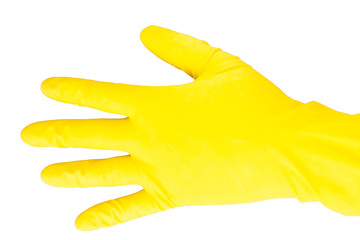 Fototapeta na wymiar A hand in a yellow latex glove on a white background demonstrates two spread fingers. Hand in a yellow rubber glove with fingers splayed.