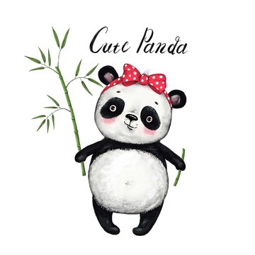 cute panda bear with bamboo leaves on white background