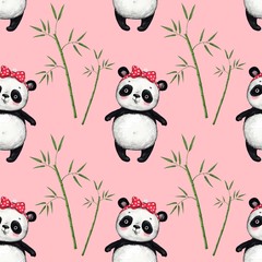 cute panda bear with bamboo leaves on pink background pattern, seamless pattern