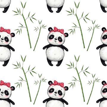 cute panda bear with bamboo leaves on white background pattern, seamless pattern