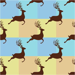 Seamless vintage pattern vector of silhouette reindeer on colorful square grid background.