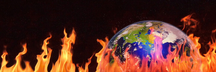 hot planet Earth, the blue planet surrounded by flames, global warming warning
