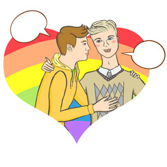 Two gay men hugging on brushed rainbow heart background