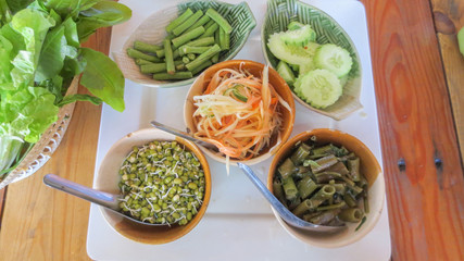 set of bowl of vegetable eat with Thai Rice flour Noodles