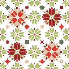 Vector seamless pattern of geometric snowflakes. Nordic pattern in Christmas traditional colors. - 231501460