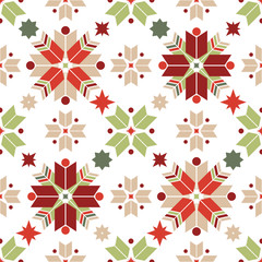 Vector seamless pattern of geometric snowflakes. Nordic pattern in Christmas traditional colors. - 231501483