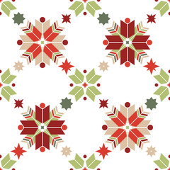 Vector seamless pattern of geometric snowflakes. Nordic pattern in Christmas traditional colors. - 231501497
