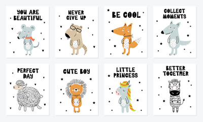 Vector poster collection with cartoon cute animal and funny slogan in scandinavian style for kids