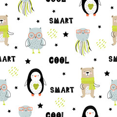 Vector seamless pattern with cartoon cute animals for kids. Perfect for baby shower, postcard, label, brochure, flyer, page, banner design.