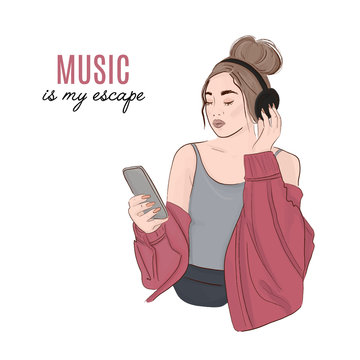 Woman with headphones listening to the music. Student street style look. Girl holding phone and earphone. Modern weekend relaxing illustration. Technology hand drawn sketch.