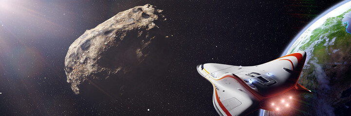spaceship intercepting meteoroid in orbit of planet Earth, near Earth asteroid space mission
