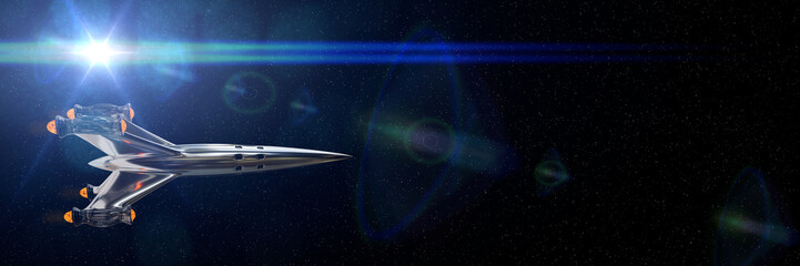 spaceship in deep space, travelling rocket lit by the Sun © dottedyeti