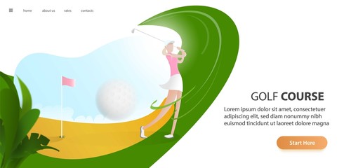 golf poster with a female golf player hitting ball, golf car and flag on the golf lawn with text. Tournament theme. Landing page banner