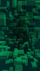 Green and dark abstract digital and technology background. The pattern with repeating rectangles. 3D illustration