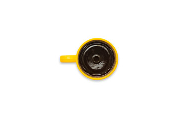 Yellow Colored Cup of Coffee on Isolated White Background, Top View