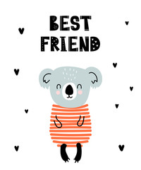 Vector poster with cartoon cute koala for kids and funny slogan in scandinavian style