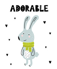 Vector poster with cartoon cute rabbit for kids and funny slogan in scandinavian style