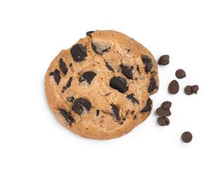 Delicious chocolate chip cookie on white background, top view