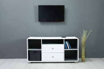 Living room interior with plasma TV on color wall. Space for design