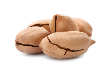 Heap of pecan nuts in shell on white background