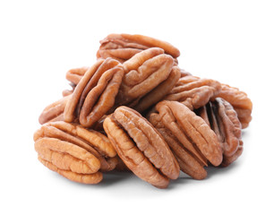 Heap of ripe shelled pecan nuts on white background