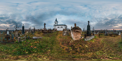 Fototapeta na wymiar full seamless panorama 360 degrees angle in equirectangular spherical cube projection. 360 panorama of crosses and small church in old cemetery sunset, VR AR content