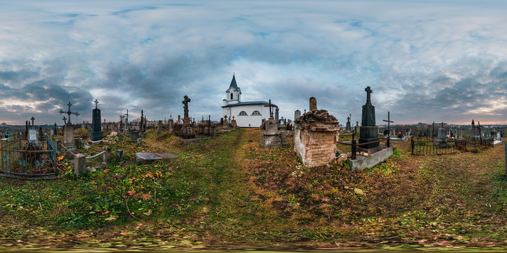 full seamless panorama 360 degrees angle in equirectangular spherical cube projection. 360 panorama of crosses and small church in old cemetery sunset, VR AR content