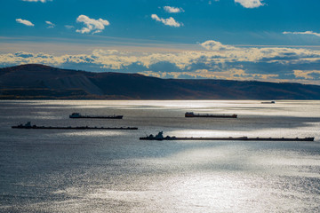 river, sky, mountains, ships
