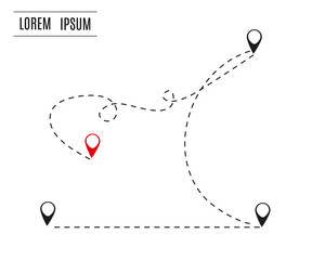 Airplane is in a dotted line. The waypoint is for a tourist trip. Vector illustration on a yellow background. Tourism and travel.